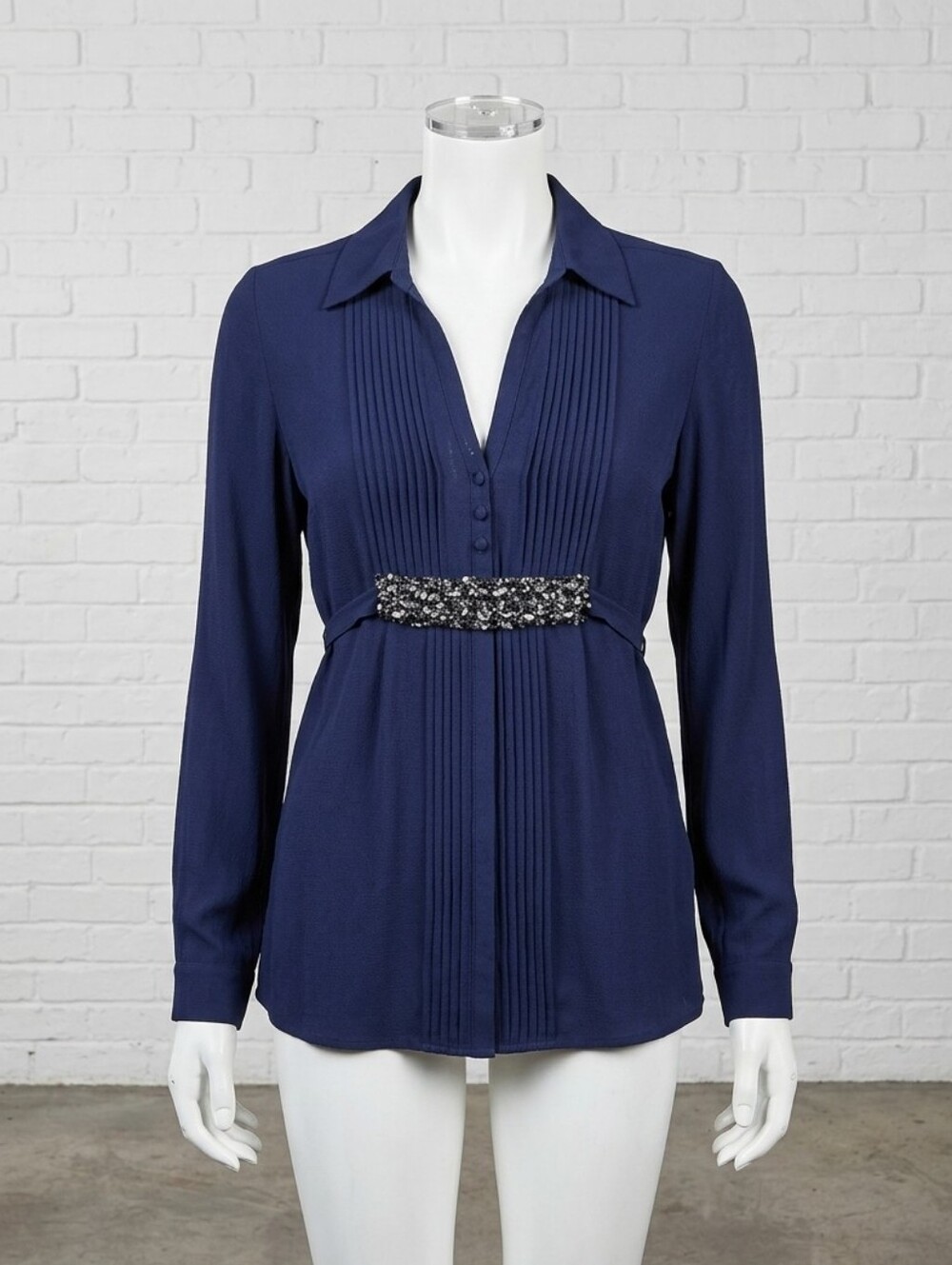 Navy Blue Pleated Crepe Blouse with Embellished Belt